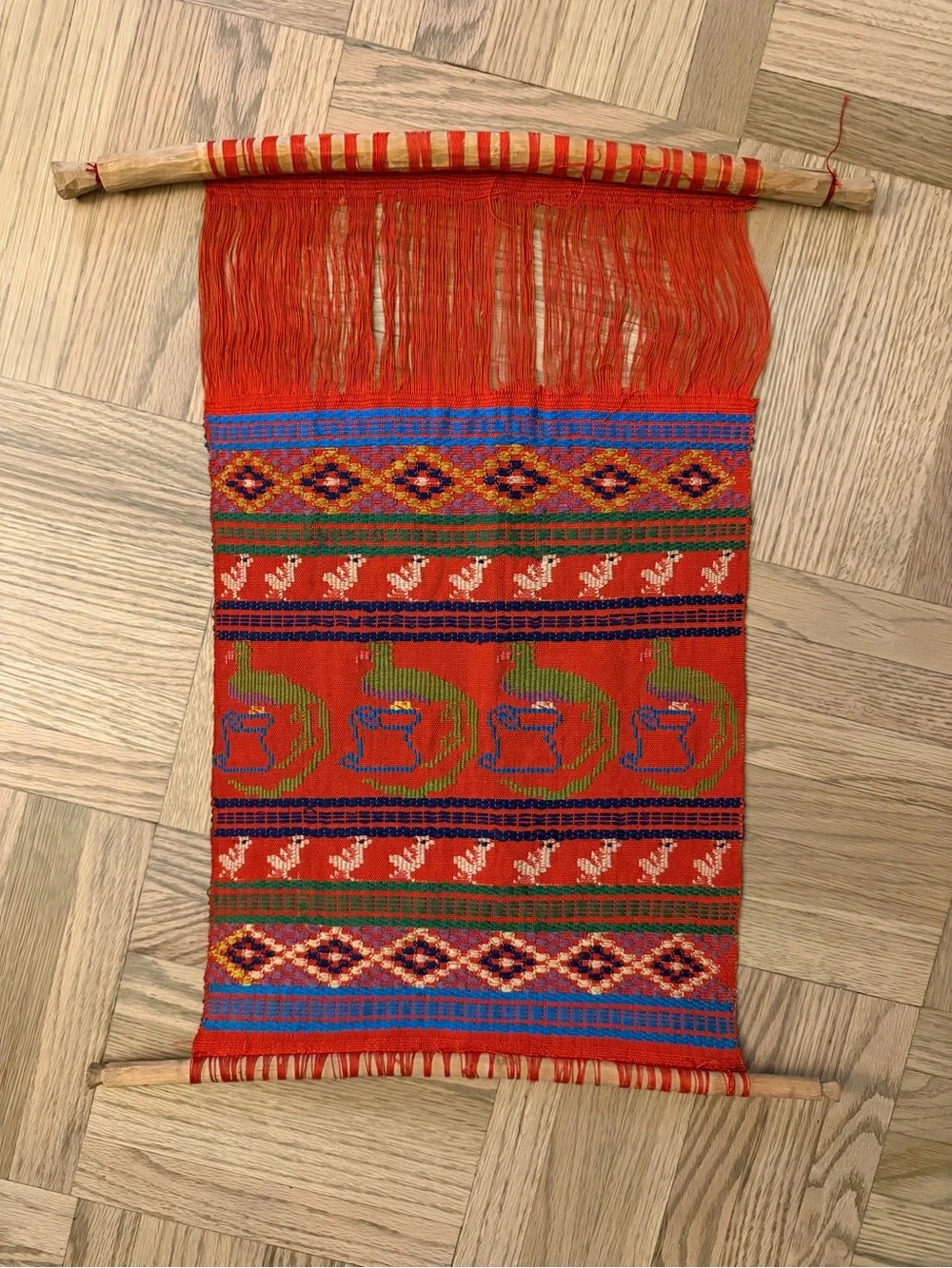 Handwoven Peruvian Woven Textile Wall Hanging with Wooden Dowels